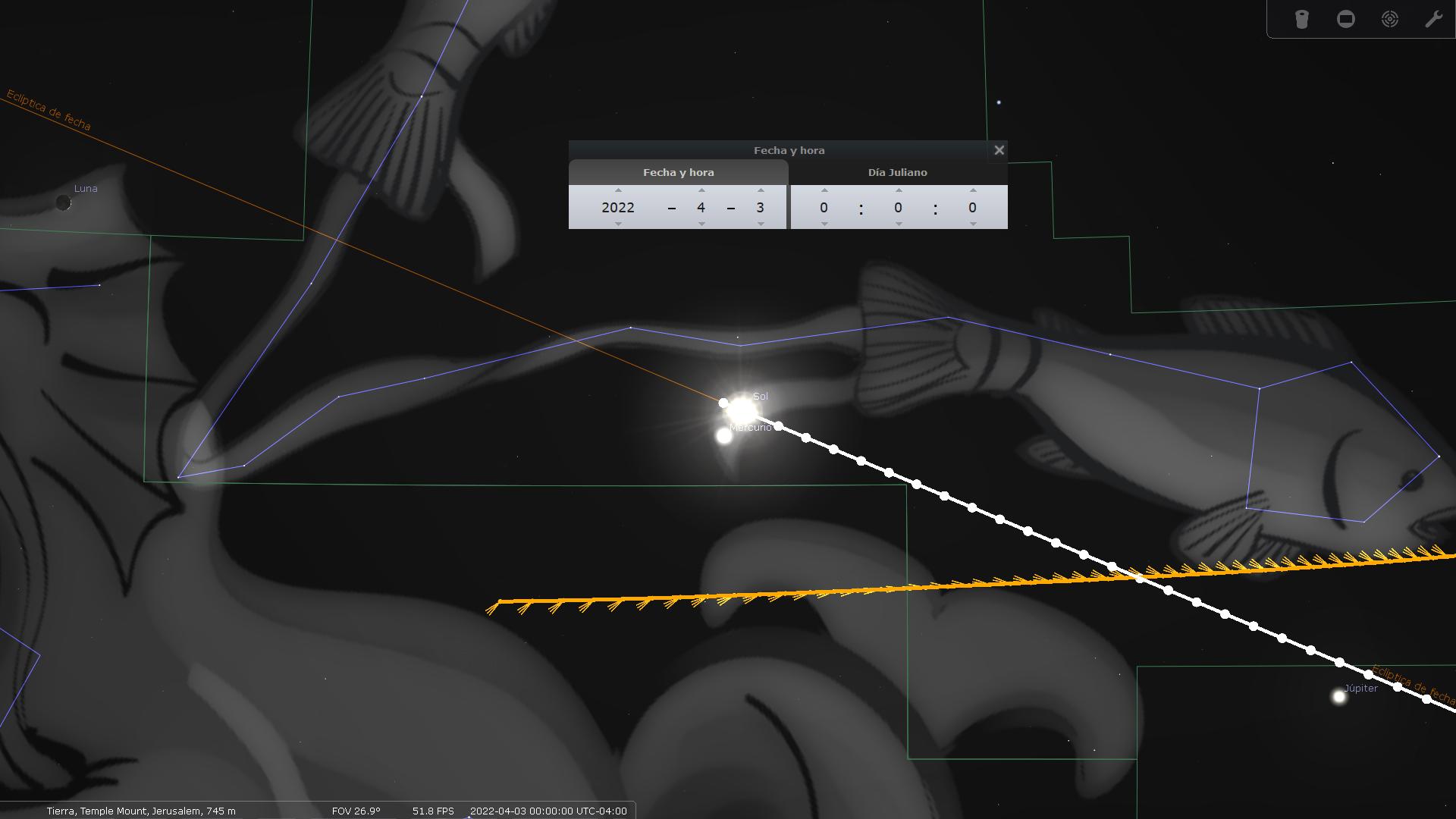Imagen de un software astronómico que muestra una representación abstracta con figuras estilizadas conectadas por líneas que forman constelaciones, con el Sol en el centro emitiendo un brillante destello. Hay etiquetas que indican la posición de la Luna y Júpiter con líneas de trayectoria celeste sobre un fondo oscuro. Además, se muestra una interfaz de usuario con fecha y hora indicando el 3 de abril de 2022.