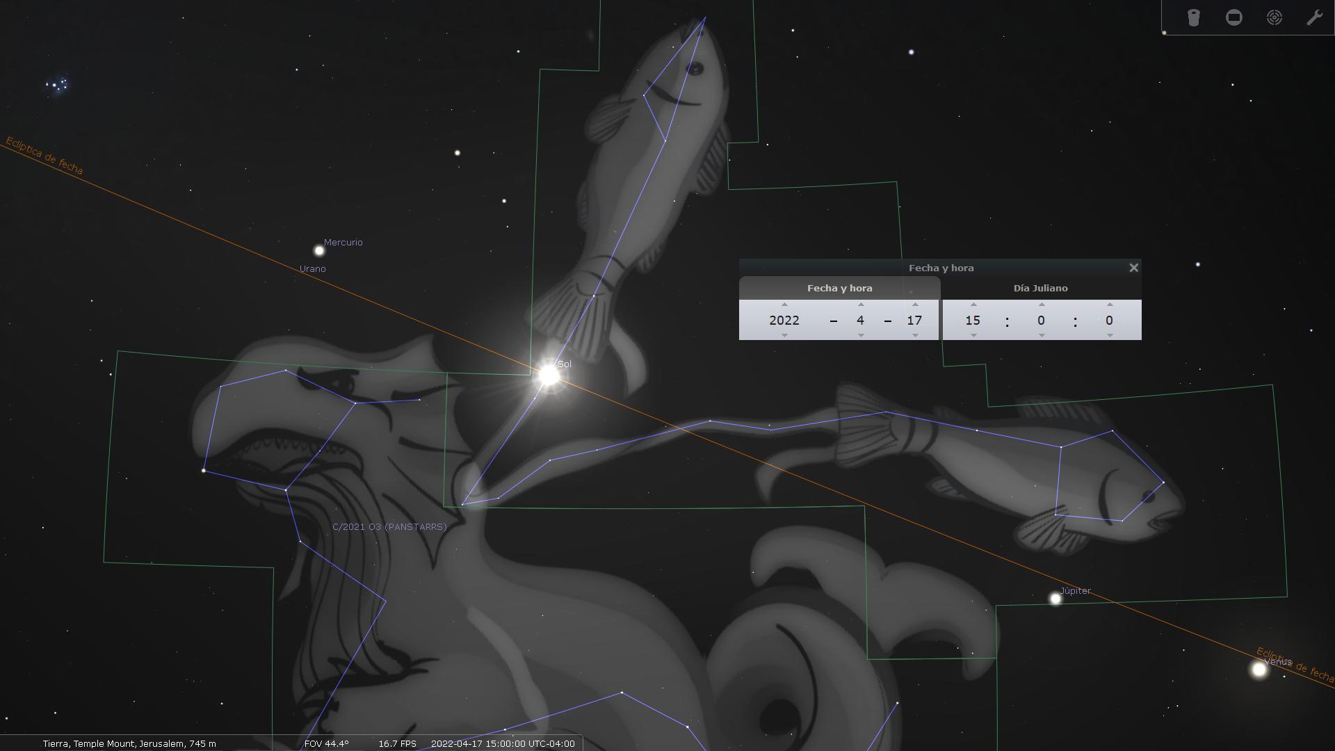 Imagen digital del cielo estrellado mostrando la configuración de las constelaciones y la ubicación de planetas como Mercurio y Urano. Se destaca una agrupación estelar en forma de un gran pez, vinculada con fenómenos astronómicos representativos en el Mazzaroth.