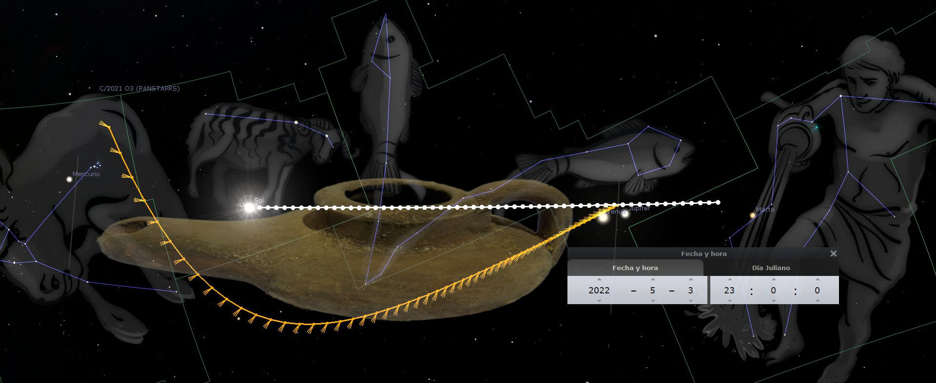 Imagen de una interfaz astronómica que presenta un cielo estrellado con representaciones gráficas de constelaciones del Mazzaroth. Se observan Mercury, el Sol, Venus, Jupiter y Marte alineados, y figuras conectadas por líneas que simulan un toro, un pez entre otros. En primer plano, la trayectoria del cometa C/2021 O3 (PANSTARRS) es destacada, junto con otras marcas astronómicas y una leyenda de fecha y hora en la esquina derecha inferior.
