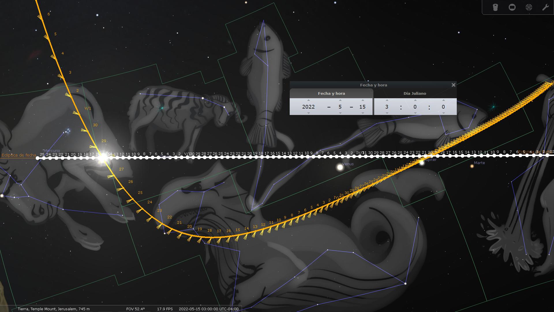 Imagen visual de un software astronómico mostrando constelaciones animadas sobre un fondo estrellado. Incluye representaciones gráficas de una carpa y un caballo, con líneas de conexión entre las estrellas. Un panel de control muestra la fecha y hora configurada para el 15 de mayo de 2022. Diferentes planetas como Venus y Marte están señalizados junto con la trayectoria del sol a lo largo de la eclíptica.