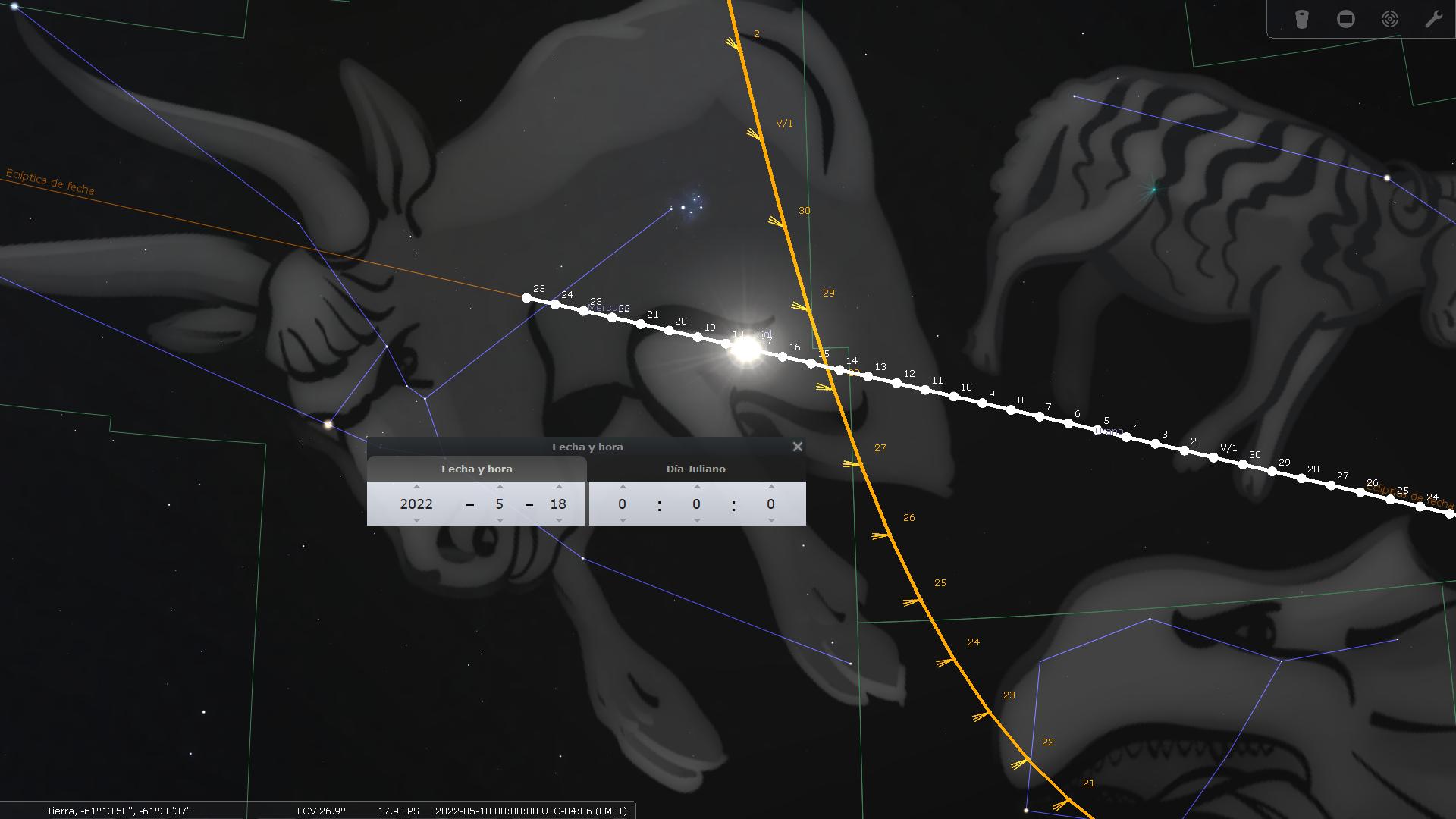 Imagen de un software astronómico que muestra representaciones artísticas de constelaciones del Mazzaroth con líneas conectando sus estrellas principales, sobre un fondo oscuro del espacio. Incluye gráficos de datos sobre la eclíptica y coordenadas celestes, además de una ventana de diálogo que indica la fecha y hora específicas.