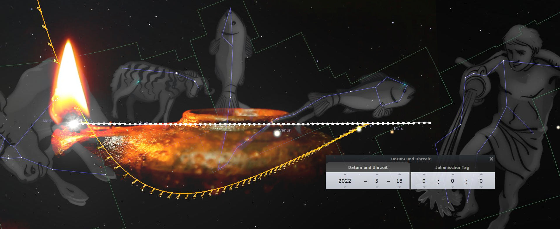Digitale Darstellung der Mazzaroth mit verschiedenen Sternbildern, die über einem glühenden, eruptiven Objekt schweben. Eine Rakete steigt durch diese Darstellung auf. Zusätzlich sind Linien und Symbole der Sternenbahnen sichtbar.