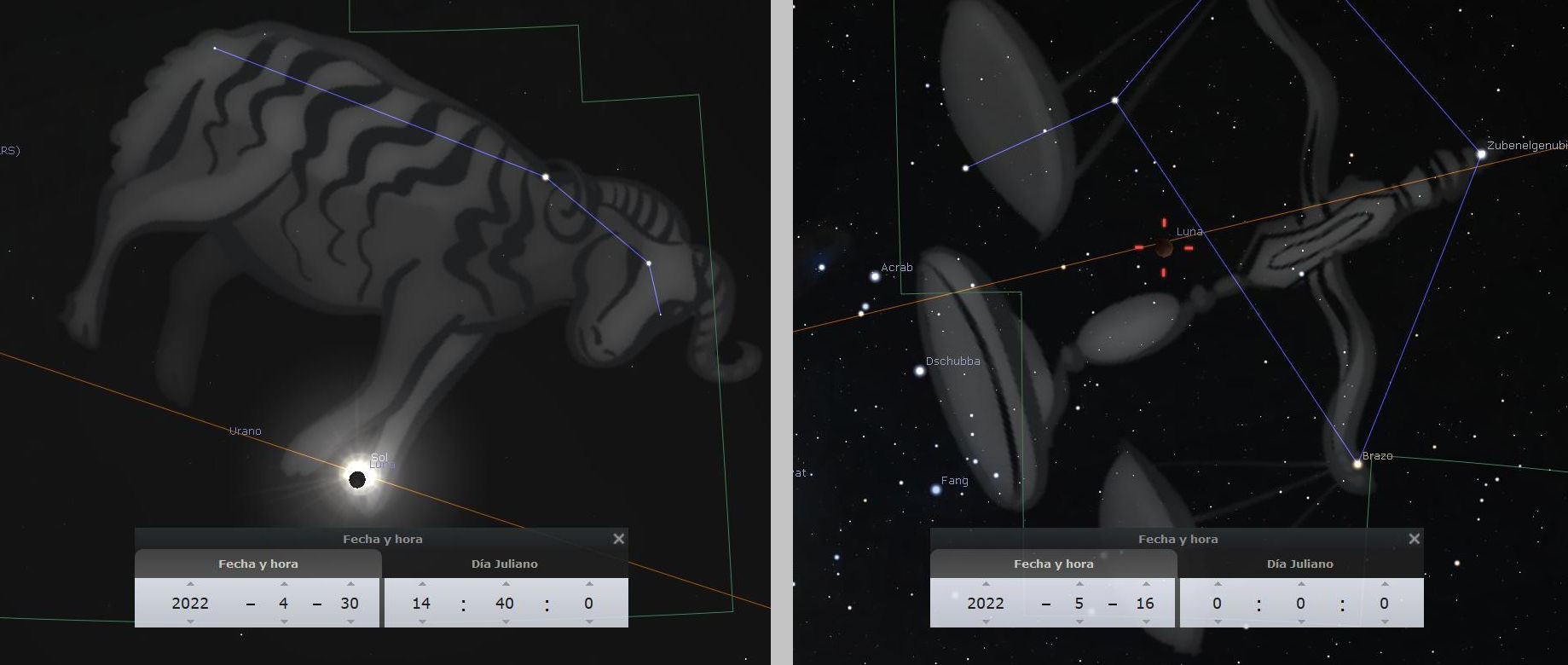 Dos imágenes de una aplicación de astronomía mostrando la posición de constelaciones en el cielo nocturno. La primera ilustra una representación artística de la constelación conocida en la Mazzaroth como el portador de agua, con líneas que conectan estrellas brillantes y etiquetas identificando cuerpos celestiales como Urano y el Sol. La segunda imagen muestra la misma constelación con representaciones de galaxias visibles y la Luna, además de nombrar estrellas como Acrab y Zubeneschamali, utilizando coordenadas y una línea del eclíptica.