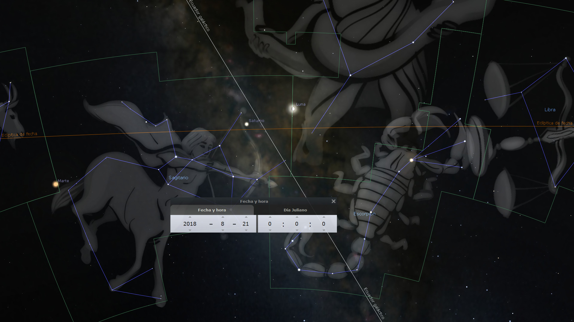 Imagen digital que muestra una panorámica del cosmos con representaciones artísticas de grupos de estrellas en la bóveda celeste. Incluye figuras y líneas que conectan estrellas para formar configuraciones que simbolizan elementos del Mazzaroth, sobre un fondo de espacio oscuro salpicado de estrellas. Se observan también detalles como nombres de planetas y coordenadas astronómicas.