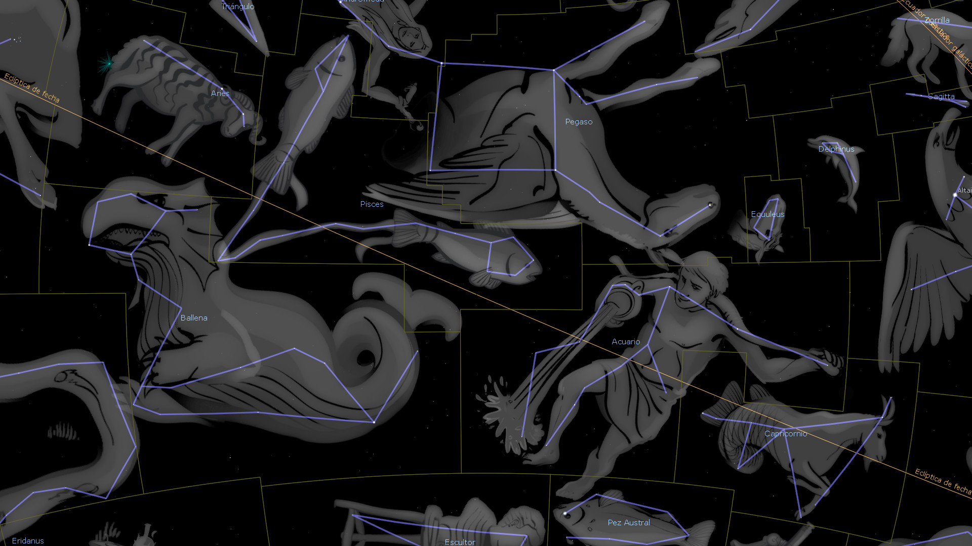 Imagen artística que muestra varias constelaciones representadas mediante figuras mitológicas y animales en tonos monocromáticos sobre un fondo negro estrellado. Entre las constelaciones visibles se incluyen representaciones de una ballena, un carnero y un caballito de mar, conectadas por líneas que delinean sus formas en el cosmos.