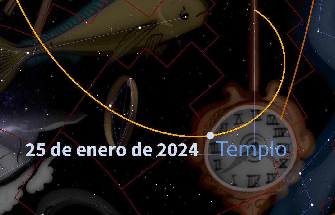 Ilustración conceptual que muestra elementos cósmicos con un reloj antiguo, un anillo planetario y campos estelares en el fondo. Hay líneas y patrones geométricos que se entrelazan sobre un texto que indica "25 de enero de 2024" y "Templo".
