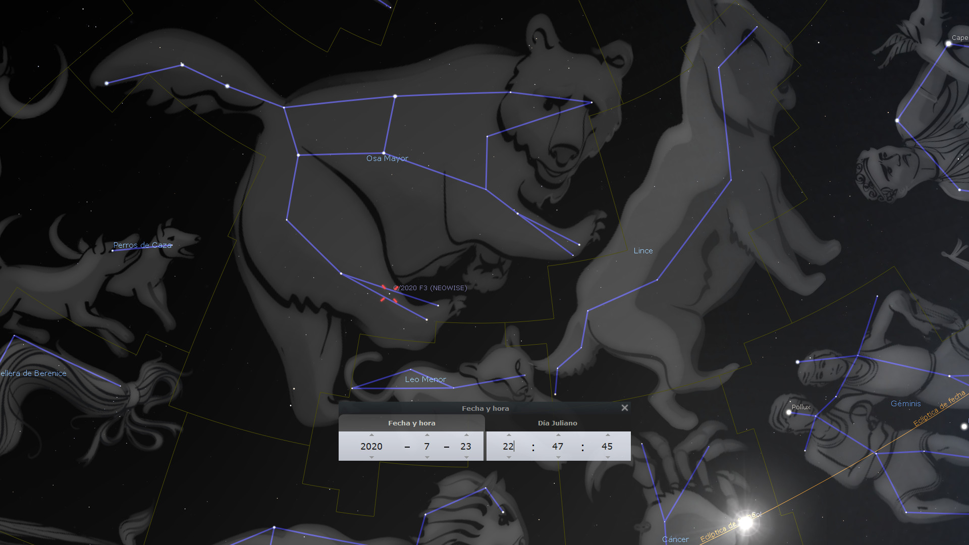 Imagen de un mapa estelar interactivo mostrando varias constelaciones contra un fondo oscuro del espacio. La constelación principal destacada es la Osa Mayor con sus estrellas conectadas por líneas azules. Aparecen otras constelaciones menores, y datos de astronomía, como la fecha y la hora, están visibles en superposiciones de texto.