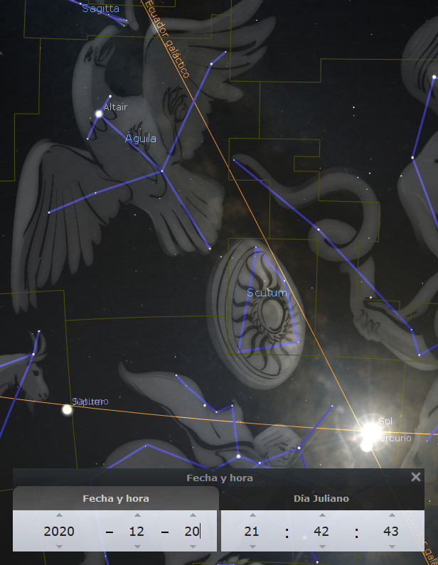 Imagen digital de un mapa estelar interactivo que representa varias constelaciones y estrellas. Se destacan las constelaciones de Águila y Escudo, junto con la estrella Altair. También se incluyen datos de fecha y hora en la parte inferior que indican "2020 - 12 - 20", con una medición de tiempo juliano.