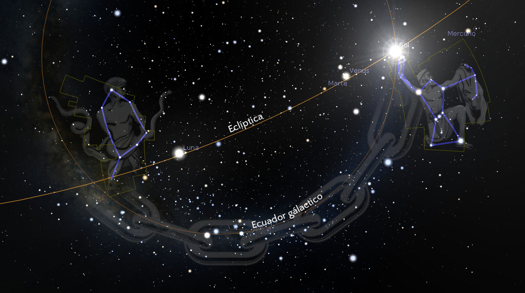Imagen de un cielo estrellado con representaciones visuales de figuras del Mazzaroth conectadas por líneas que forman constelaciones. Se muestran etiquetas científicas incluyendo nombres de planetas como Venus y Marte, y términos astronómicos como eclíptica y ecuador galáctico. La Luna está posicionada cerca de una de las constelaciones.