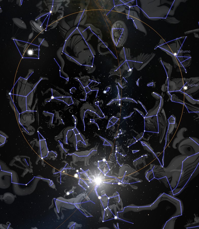 Imagen de un mapa celeste oscuro con representaciones gráficas de constelaciones conectadas por líneas azules, sobre un fondo estrellado. La Luna y varios planetas como Júpiter y Saturno están etiquetados, rodeados por la Mazzaroth.