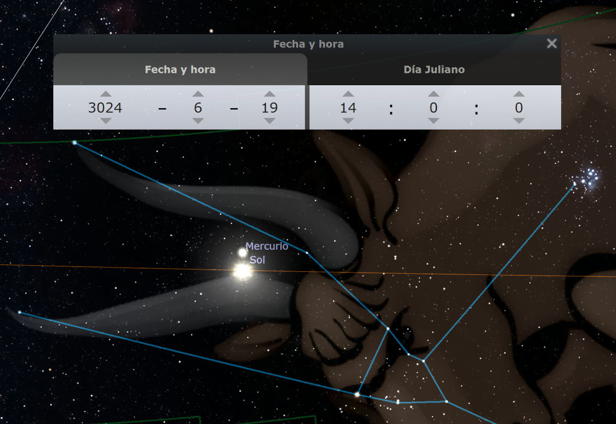 Captura de pantalla de un software astronómico que muestra la configuración celestial del 19 de junio de 3024. Visualización de una constelación del Mazzaroth, con el Sol y Mercurio destacados y conectados por líneas azules. Paneles de control muestran la fecha y el día juliano.
