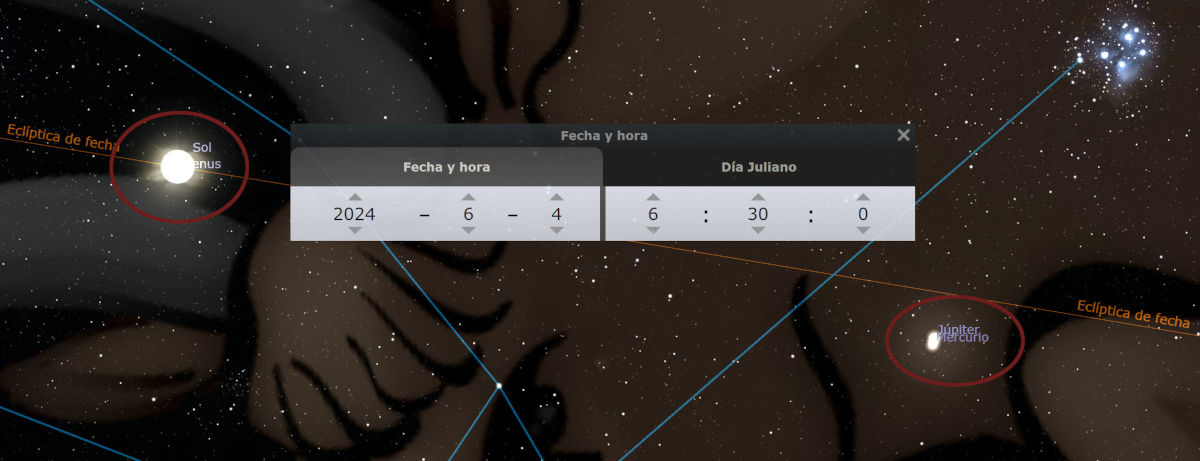 Imagen simulada del cielo nocturno mostrando el sol y Júpiter, vinculados por líneas celestes sobre un fondo estrellado. Una interfaz de usuario presenta opciones para ajustar la fecha y hora, establecidas al 4 de junio de 2024, 6:30 Julian Day.