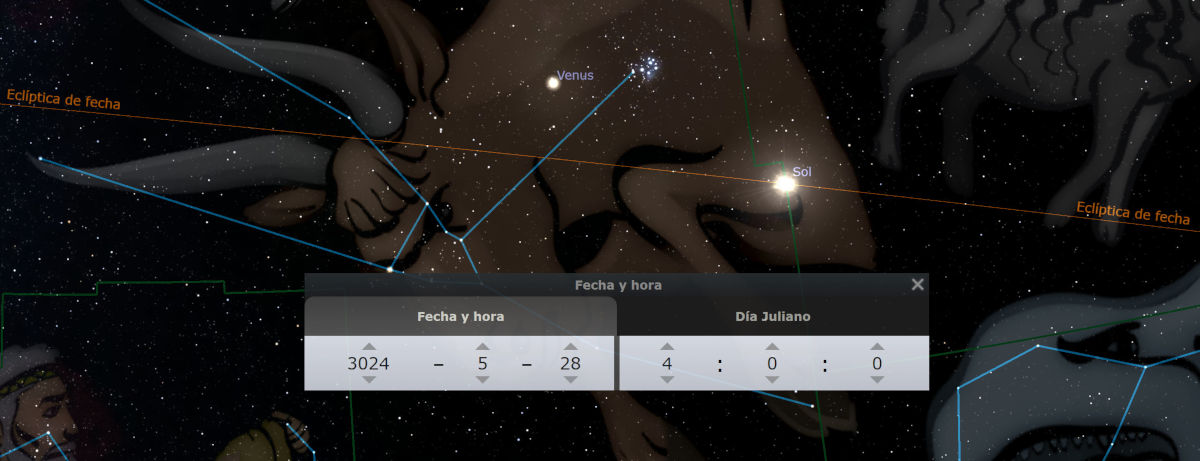 Mapa estelar que muestra configuraciones celestes con la ubicación del Sol y Venus sobre un fondo ilustrado con figuras que representan constelaciones dentro de la Mazzaroth. Se indican líneas que marcan la eclíptica y coordenadas celestes, así como la fecha programada para el 28 de Mayo del año 3024.