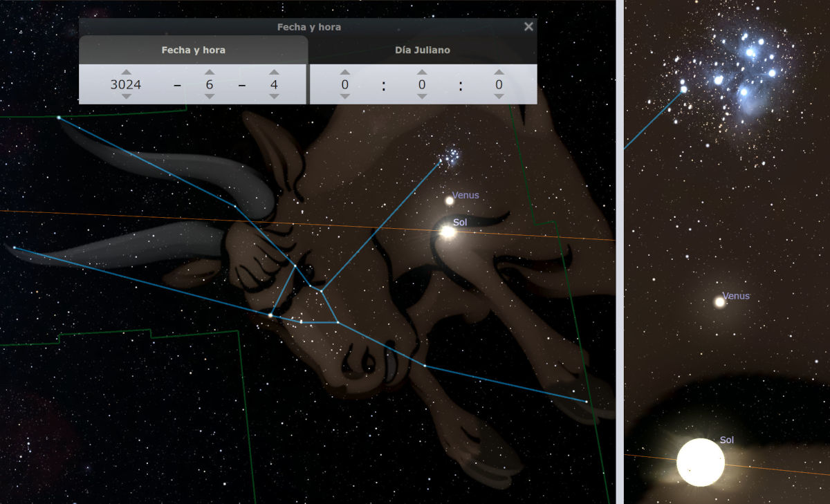 Vista de una constelación representada en un mapa estelar, con líneas que interconectan estrellas para formar la figura de un toro. Un etiquetado indica la posición de Venus y del Sol en la imagen, destacando sobre un fondo de innumerables estrellas. Se incluyen interfaces gráficas para ajustar fecha y hora, en la coordenada temporal 3024-6-4.
