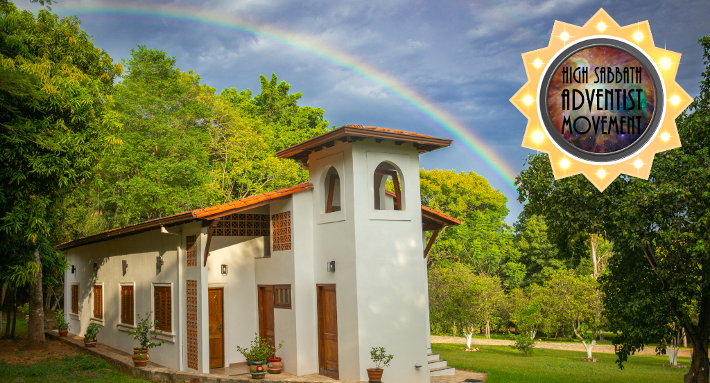 A scenic view featuring a classical white building with terracotta roof tiles located in a lush green park under a bright sky with a rainbow. A circular logo on the right that reads "High Sabbath Adventist Movement" against a backdrop representing celestial phenomena.