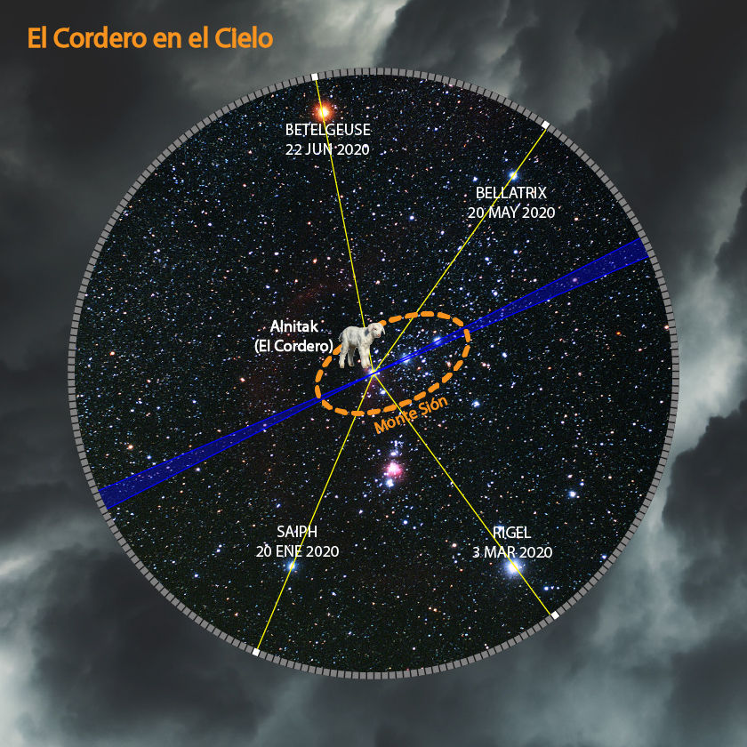 Imagen del cielo estrellado mostrando una representación visual de un cordero en un campo estelar, conectado con líneas a varias estrellas brillantes y etiquetado en relación con varias fechas significativas y nombres de estrellas como Betelgeuse y Rigel. Un marcador de texto grande en la parte superior dice "El Cordero en el Cielo". El cordero simboliza una figura celestial dentro del Mazzaroth.