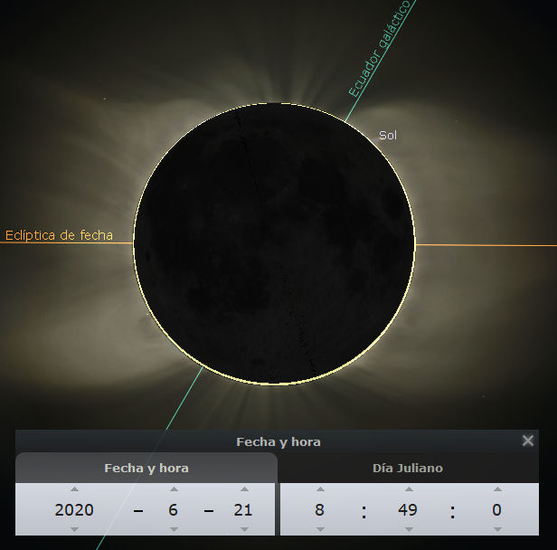Representación gráfica de un eclipse solar total, con el cuerpo celeste del Sol oculto completamente por la Luna. Se observan líneas que indican la eclíptica y la posición del Sol. En la parte inferior de la imagen se muestra información sobre la fecha y hora específicas del evento celeste.
