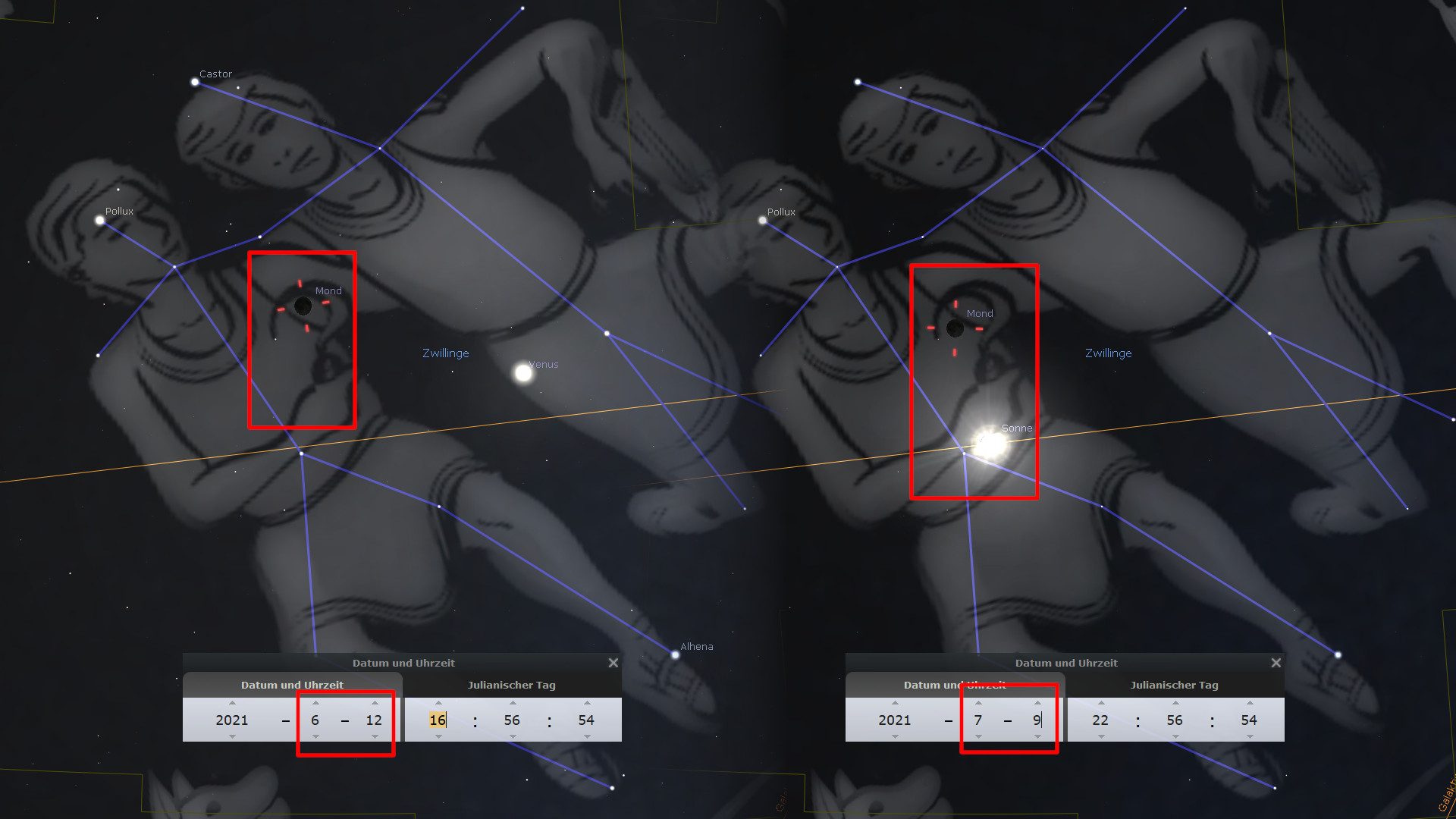 Bild einer digitalen Sternenkarte, das eine Konstellation zeigt, die durch zwei menschliche Figuren dargestellt wird, umgeben von Linien und Namen wissenschaftlicher Himmelskörper wie Sternen und Planeten. Zwei Felder zeigen spezifische Daten und Uhrzeiten an.