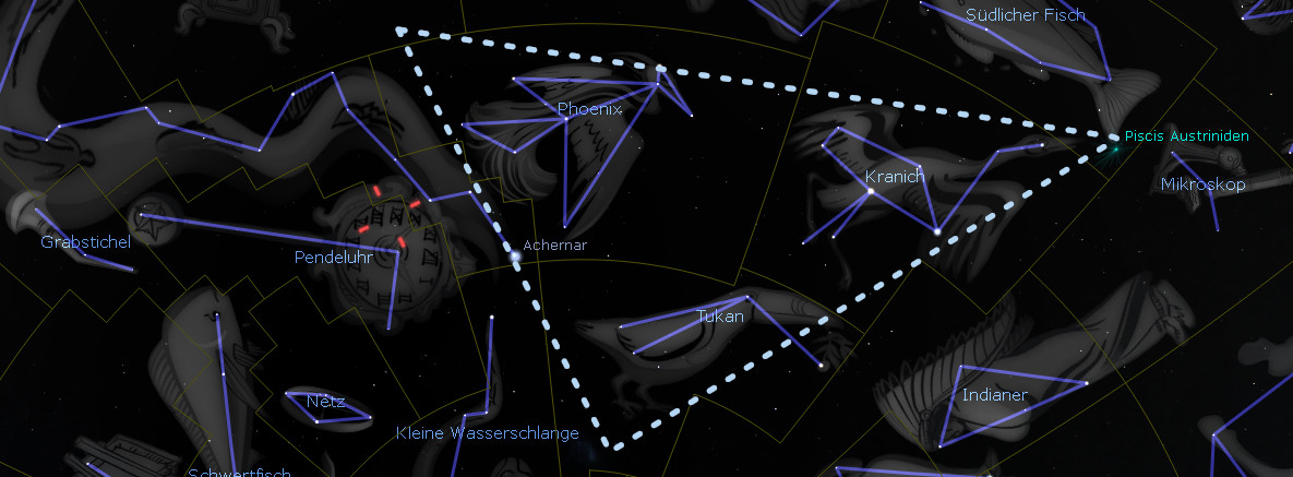 Digitale Darstellung des Sternenhimmels, die verschiedene Sternbilder zeigt, wie Kleine Wasserschlange und Indiander, verbunden durch gestrichelte Linien, auf einem dunklen Hintergrund mit einem stilisierten Globus in der Mitte.