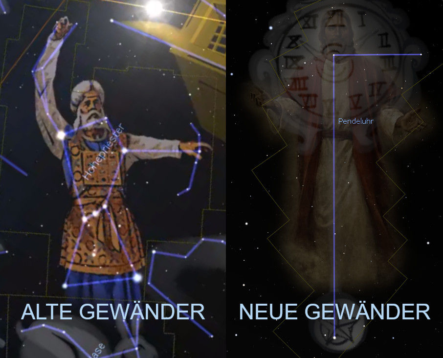 Ein Bild, das zwei Darstellungen menschlicher Figuren unter einem Sternenhimmel zeigt. Links eine überlieferte künstlerische Darstellung einer Gestalt, die durch Linien und Sterne mit einem Majestätischen Gewand verbunden ist, rechts eine moderne Interpretation derselben Figur in nebliger Umgebung und klassischer Robe mit Römischen Ziffern und einem Pendel in der Mitte. Beide sind illustriert als Teil des Mazzaroth.