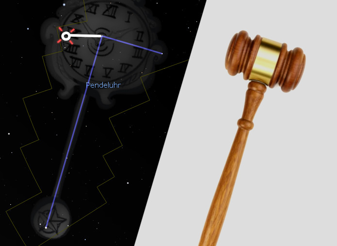Ein künstlerisch gestaltetes Bild, das eine stilisierte Pendeluhr auf einem dunklen, sternbesetzten Himmels-Hintergrund zeigt, verbunden mit einer Darstellung eines Mazzaroth-Symbols in Grün. Zu ihrer Rechten ist ein detailliert dargestellter Holzhammer zu sehen.