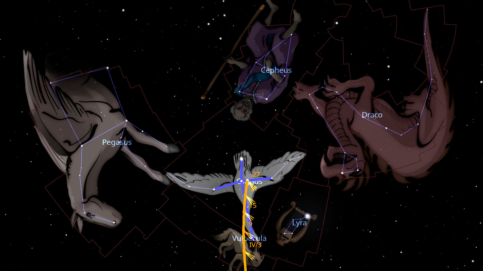 A detailed celestial illustration displaying various constellations against a starry night sky backdrop. Visible are the constellations Pegasus, a winged horse, Cepheus depicted as a royal figure, Draco as a sinuous dragon, and others such as Lyra. The constellations are outlined and labeled, interacting subtly across the dark expanse.