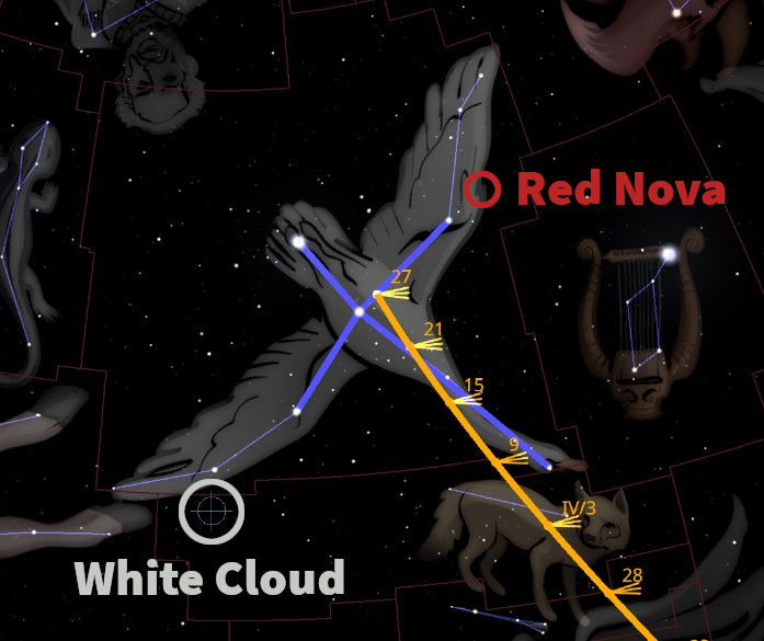 An illustrated star map showing various celestial figures and constellations outlined against a dark space background. Highlighted are a notable Red Nova and a labeled White Cloud. Lines connect specific stars within these figures, indicating celestial alignments or events.