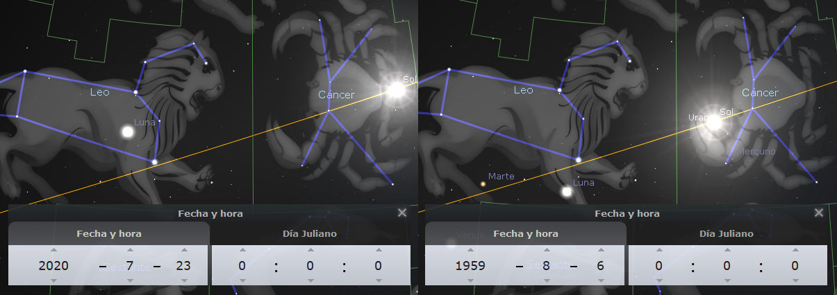 Imagen que muestra dos paneles con representaciones de secciones del cielo nocturno, con constelaciones conectadas por líneas azules, y varios objetos celestes como el Sol, Marte, la Luna, y Venus etiquetados. En cada panel se visualizan datos de 'Fecha y hora' y 'Día Juliano', correspondiendo a dos momentos diferentes, 2020-7-23 y 1959-8-6. Las constelaciones de los paneles son identificadas como parte del Mazzaroth, con ilustraciones de un león y un cangrejo.