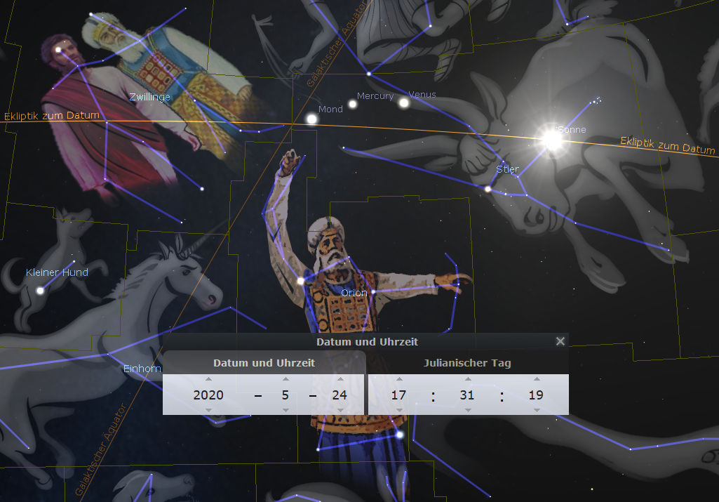 Ein interaktives astronomisches Diagramm, das verschiedene Himmelskörper und Sternbilder, darunter den Orion, sowie mythische Figuren zeigt. Überlagerungen kennzeichnen Positionen von Mond, Merkur, Venus und Sonne, und ein Datumstool zeigt den 24. Mai 2020 an. Die Illustration ist reich an Farben und angedeuteten Konstellationen, die mit Linien verbunden sind.