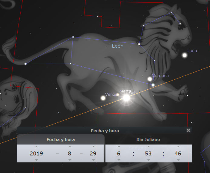 Imagen de una constelación en forma de un gran león dentro de un gráfico astronómico. Incluye representaciones visuales de algunos planetas como Venus y Marte junto a datos lumínicos. Hay componentes de interfaz de usuario mostrando la fecha y la hora junto al día juliano.