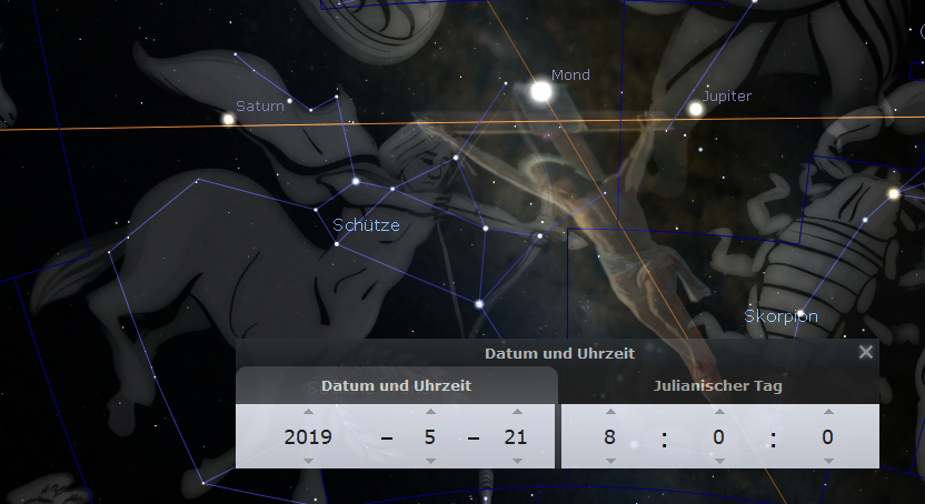 Astronomische Darstellung mit Überlagerungen der Mazzaroth-Formationen zwischen Schütze und Skorpion, einschließlich der Position der Planeten Saturn, Jupiter und des Mondes am 21. Mai 2019, 8:00 Uhr, auf dem julianischen Kalender.