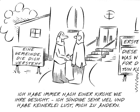 Illustration eines Gesprächs zwischen zwei Männern vor einer Kirche, mit skizzierten Gebäuden im Hintergrund. Sprechblasen enthalten Text, der eine humorvolle Aussage über die Suche nach einer passenden Gemeinde wiedergibt, jedoch ohne Bezüge zu den Mazzaroth oder himmlischen Körpern.