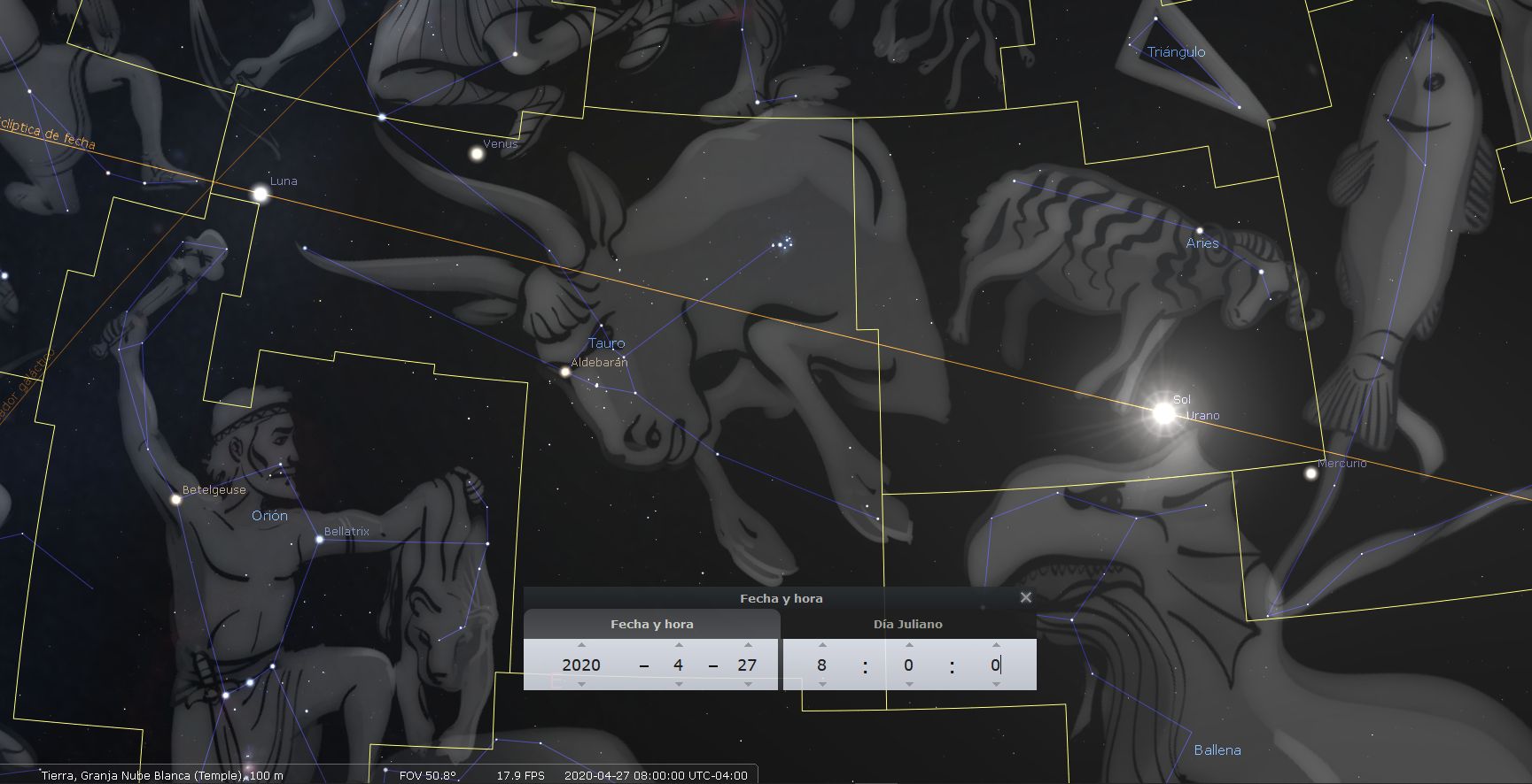 Representación digital de un mapa estelar con figuras mitológicas y coordenadas astronómicas visibles. Se destacan cuerpos celestes como la Luna y Venus, junto a prominentes estrellas como Betelgeuse en Orión. Las líneas amarillas delinean diversas constelaciones contra un fondo estelar oscuro.