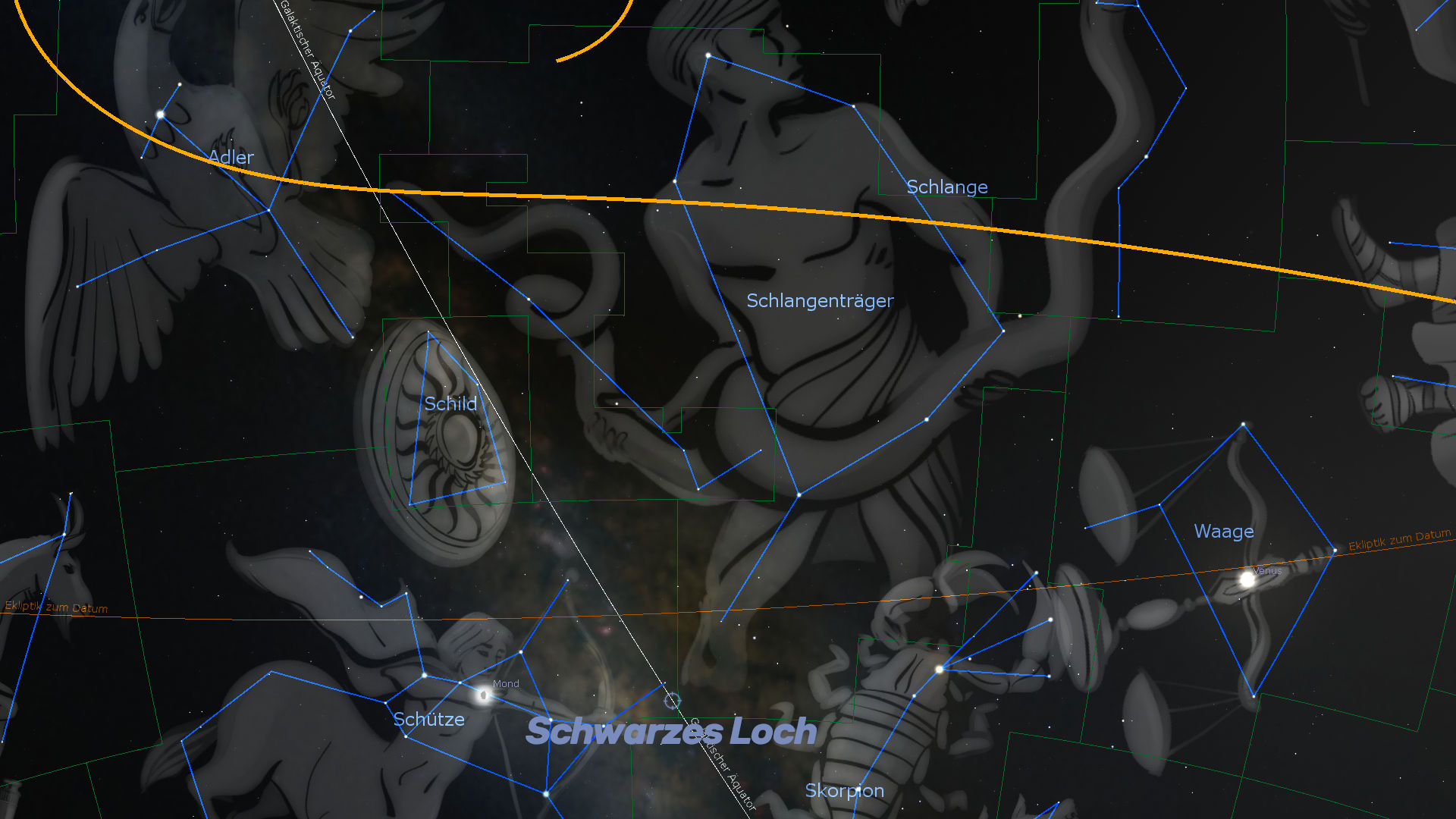 Eine visuelle Darstellung verschiedener Sternbilder in einer dunklen Weltall-Szene, beschriftet mit deutschen Namen wie Adler, Schlange und Waage, durchzogen von einem hellen, orangen Pfad, der eine astronomische Ausrichtung markiert.