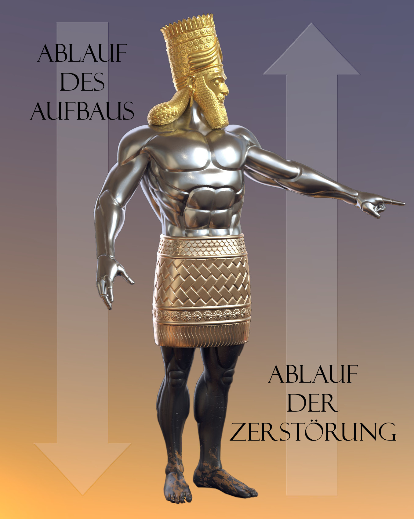 Eine Illustration einer Statue, die ein menschengestaltetes Wesen mit einem goldgeschmückten goldenen Haupt bedeckt im Sternenlicht darstellt. Die Figur zeigt eine geschichtete Komposition aus verschiedenen Metallen und Materialien, symbolisch von Kopf bis Fuß. Die obere Hälfte glänzt in leuchtendem Silber und Gold, während die untere Hälfte in abgedunkelten Tönen gehalten ist. Ein Pfeil weist aufwärts mit der Beschriftung "Ablauf des Aufbaus", ein anderer abwärts mit "Ablauf der Zerstörung".