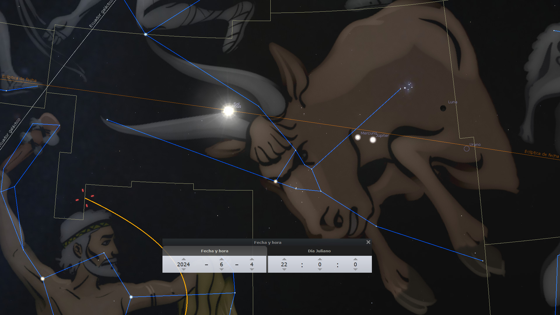 Representación artística del firmamento nocturno donde constelaciones humanoides interactúan. Se observa una figura prominente que parece sostener la luz de un astro brillante entre sus manos, con líneas celestes que delimitan sus contornos. Herramientas de navegación astronómica y nombres de cuerpos celestes como Venus y Júpiter también son visibles.