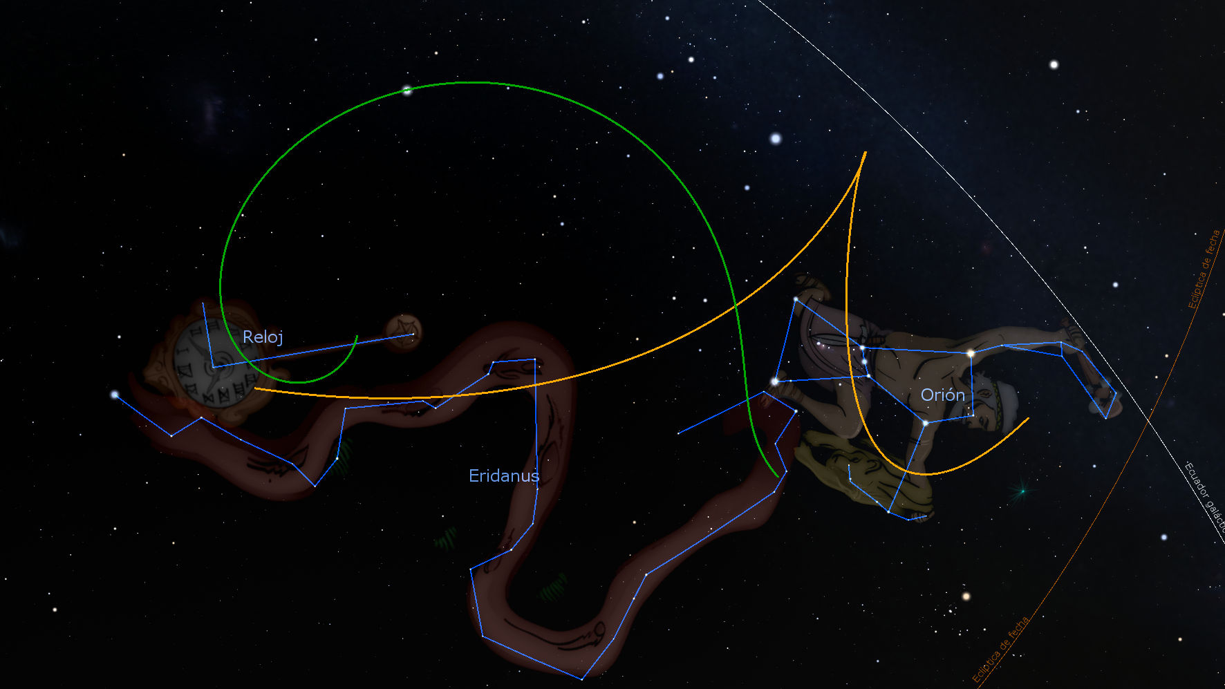 Ilustración digital del cielo nocturno que muestra tres constelaciones con líneas que conectan sus estrellas principales. Las constelaciones de Oríon y Reloj se muestran con etiquetas y trazos en colores verde, amarillo, y azul delineando sus formas.