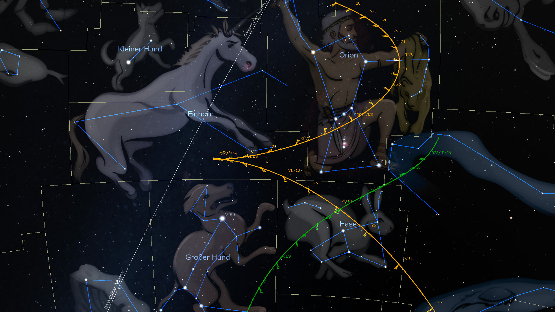 Digitale Darstellung des Nachthimmels mit Sternbildern und deren Konturen. Sichtbar sind die Illustrationen eines Einhorns, Orion und mehrerer Hunde unter einem Sternenhimmel. Gelbe und blaue Linien verbinden die Sterne zu Mustern, die traditionelle mythologische Gestalten zeigen.