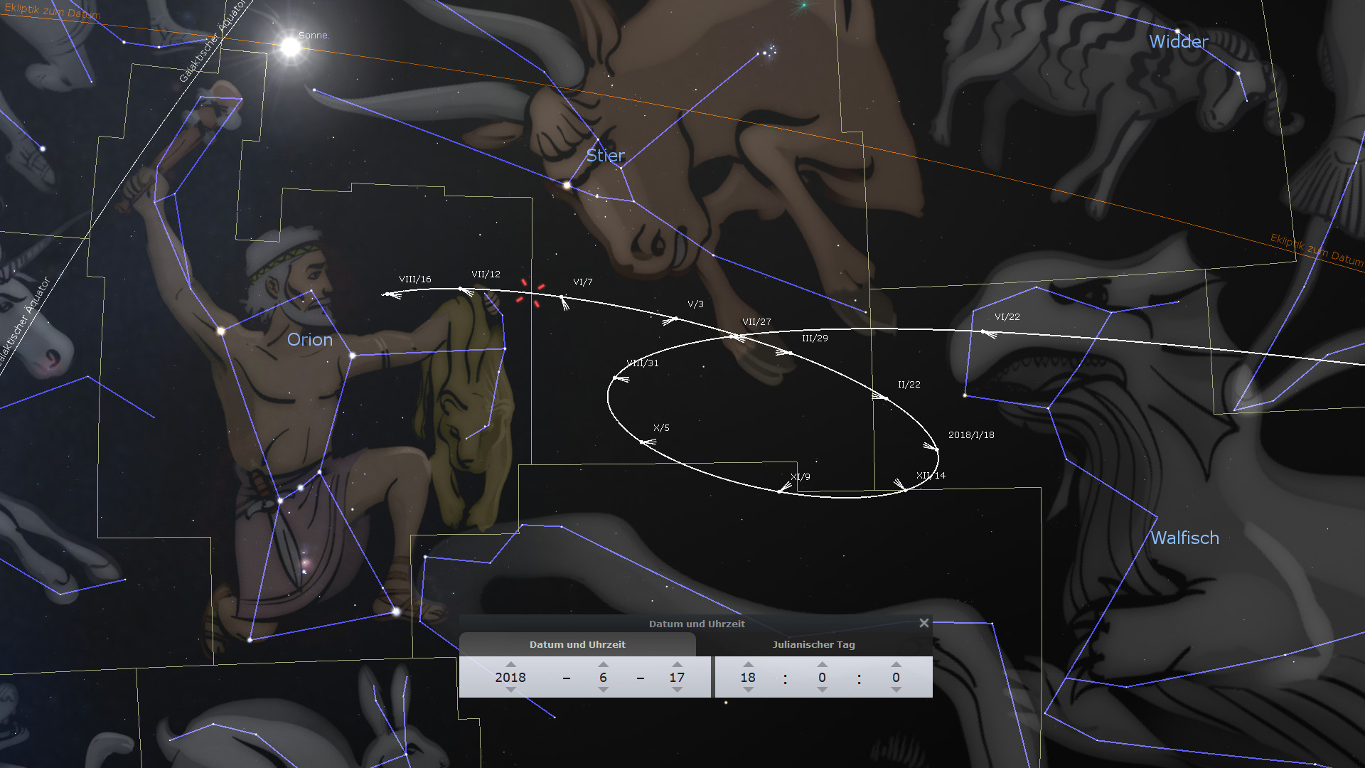 Ein astronomisches Diagramm zeigt künstlerische Darstellungen von Sternbildern, überlagert von weißen Linien, die deren Formen verbinden. Sichtbare Sternbilder sind Orion, Stier und Widder nahe dem Sonnenlicht. Es sind auch Bahnen und Datumsangaben in weißer Schrift sichtbar.