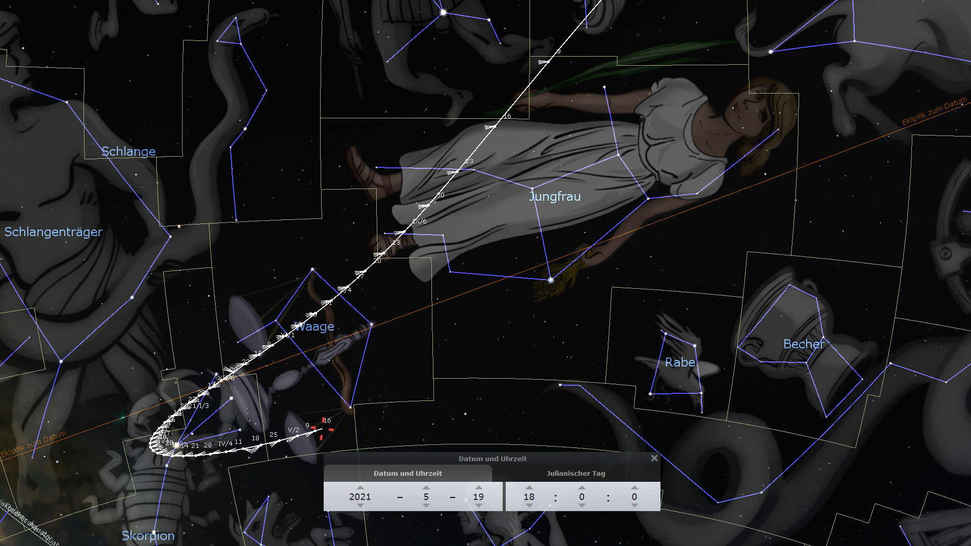 Ein astronomisches Bild, das überlagerte Illustrationen von Figuren zeigt, die anhand von Sternpunkten verbunden sind, gegen einen dunklen, sternenübersäten Hintergrund. Zusätzliche Informationen zur Beobachtungszeit und Position sind am unteren Bildrand eingeblendet.