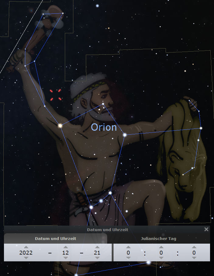 Eine künstlerische Darstellung des Sternbilds Orion, sichtbar vor einem nächtlichen Sternenhimmel. Orion ist mit Linien verbunden, die seine Form hervorheben, und er hält einen Bogen. Unten im Bild sind Kalenderdaten für den 21. Dezember 2022 in einer Zeitleiste dargestellt.
