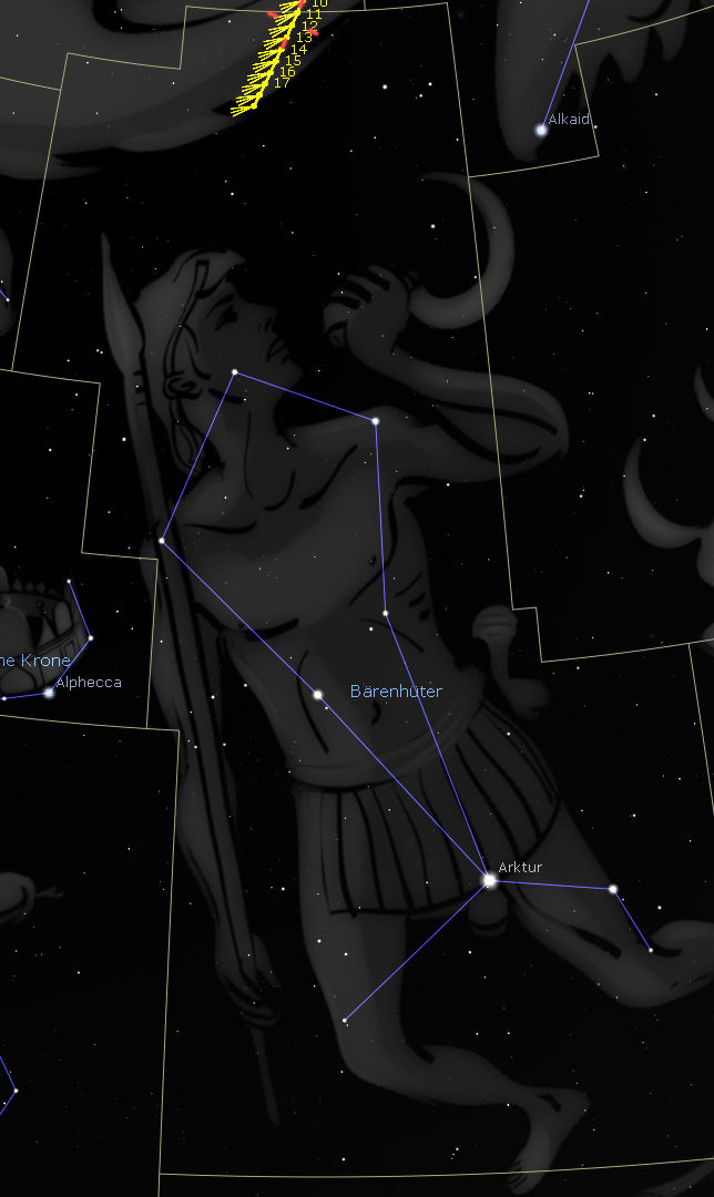Illustration des Sternbilds Bärenhüter im Weltraum, dargestellt als eine personifizierte Figur, die einen Bogen hält. Hintergrund zeigt ein astronomisches Gitter mit anderen Sternen und Sternnamen wie Arktur.