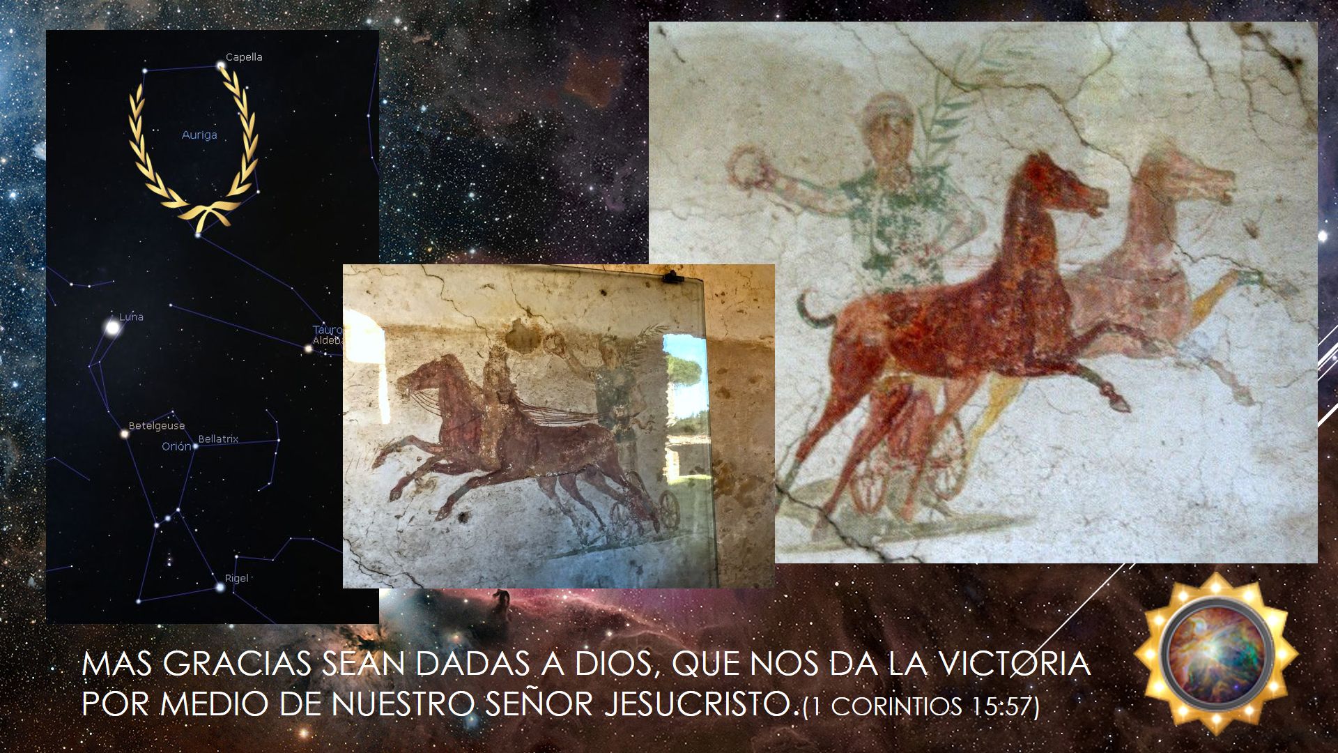 Imagen compuesta que combina elementos de arte antiguo y ciencia astronómica. La esquina izquierda muestra un mapa estelar con puntos y enlaces que representan constelaciones en el espacio, anotadas con etiquetas de estrellas prominentes como Betelgeuse y Rigel. La parte derecha presenta frescos antiguos con figuras humanas y caballos, sugiriendo la representación visual de textos bíblicos o interpretaciones artísticas de la Mazzaroth. En el fondo, el espacio profundo lleno de estrellas sirve como telón de fondo para una cita bíblica en español de 1 Corintios 15:57 sobre una franja negra.
