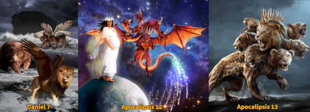 Una imagen panorámica que ilustra tres escenas bíblicas. A la izquierda, cuatro criaturas combinadas, incluyendo un león y un águila, representando la visión de Daniel 7. En el centro, una mujer vestida de blanco sobre la luna frente a un dragón rojo con siete cabezas, aludiendo al Apocalipsis 12. A la derecha, una bestia feroz con múltiples cabezas de león y oso emergiendo de un mar tempestuoso, en referencia a Apocalipsis 13.