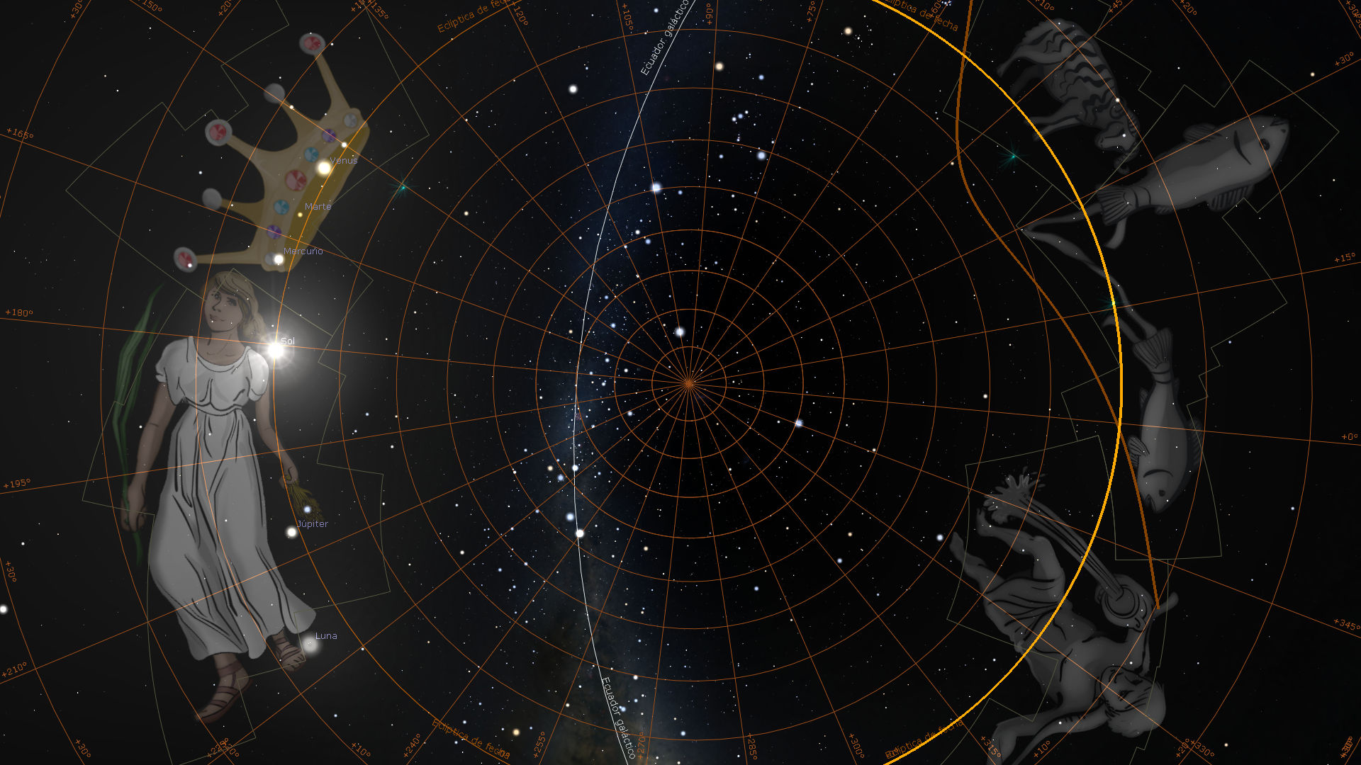 Una imagen digital que muestra una representación artística del firmamento. Se destacan varias constelaciones con sus nombres en español, junto a los principales cuerpos celestes del sistema solar como el Sol, la Luna, y planetas como Júpiter y Venus. Las constelaciones están conectadas por líneas que forman figuras míticas, todo sobre un fondo de estrellas con un diagrama de coordenadas celestes.