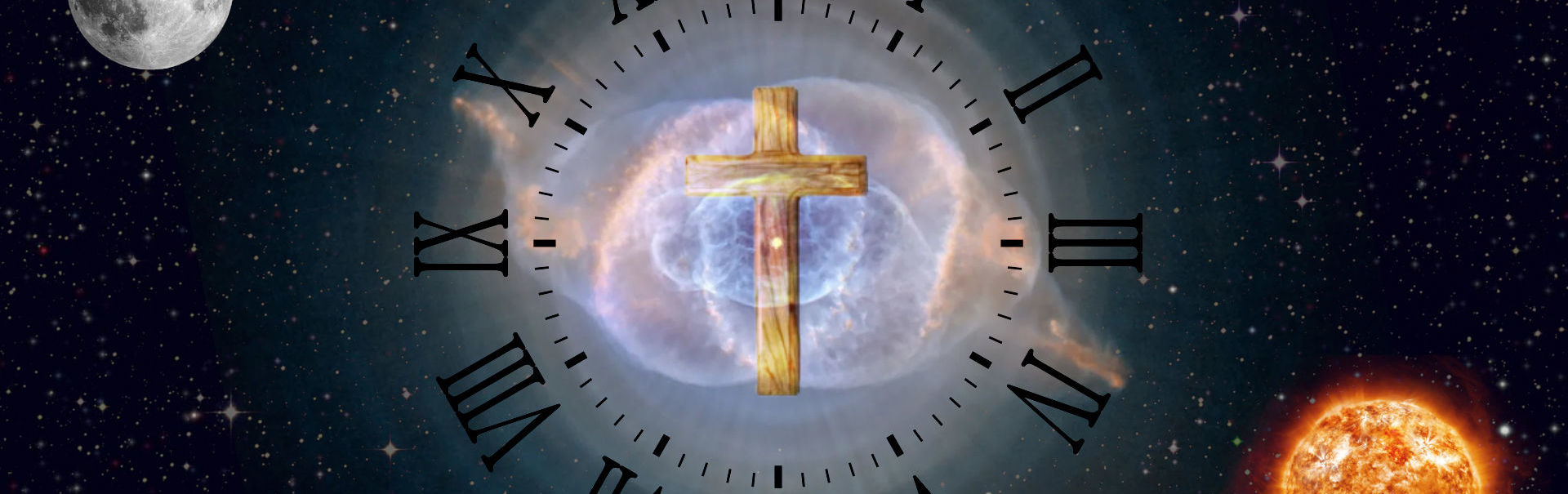 Una escena celestial panorámica que presenta una cruz iluminada centrada en un conjunto circular de marcadores simbólicos que se asemeja a un Mazzaroth. Flanqueada por la Luna a la izquierda y el Sol a la derecha, con un cielo nocturno estrellado y nebulosas cósmicas como telón de fondo.