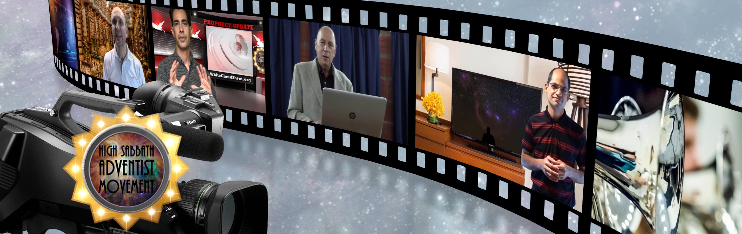 A panoramic image featuring a film strip with various scenes depicting men discussing topics related to astronomy and celestial events. The image includes a video camera, a galaxy displayed on a television, and other multimedia elements with a cosmic and starry background motif.