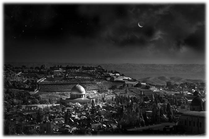 A black and white panoramic view of a historical city at night under a starlit sky, featuring prominent domed buildings and a crescent moon. Rolling hills stretch into the distance under a celestial canopy.