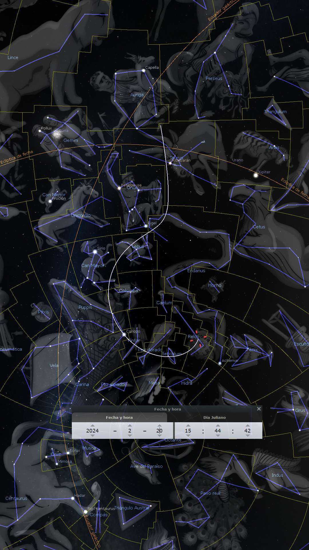 Ilustración digital de un mapa celeste nocturno con múltiples constelaciones y estrellas identificadas como Auriga, Sirio y Polux. La imagen presenta dibujos figurativos de cada constelación, sobre un fondo oscuro estrellado. Se incluyen etiquetas y líneas que conectan las estrellas formando figuras, junto con detalles de la fecha y la hora en esquina inferior izquierda.