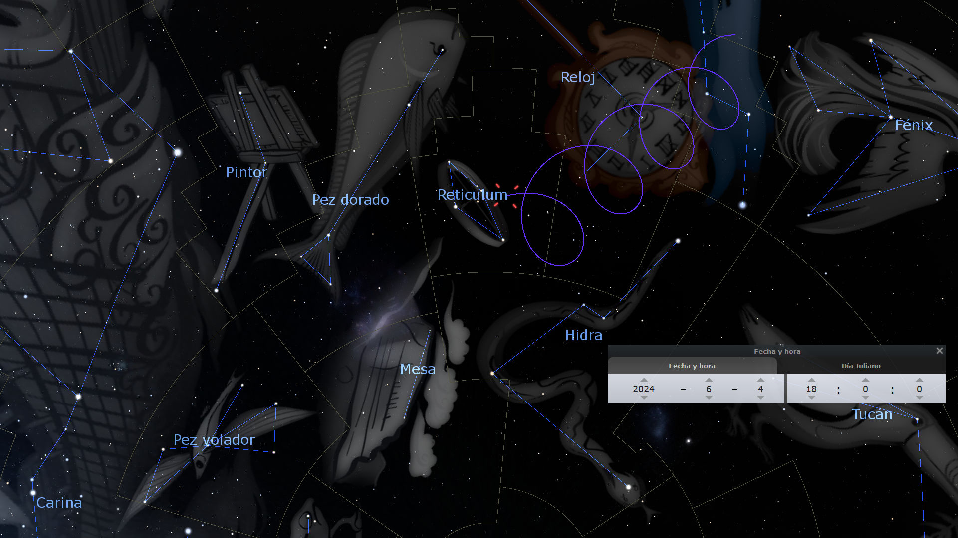Imagen de un software de astronomía mostrando diversas constelaciones con sus nombres correspondientes como Carina, Pez Volador y Fénix, sobre un fondo estelar oscuro. Incluye anotaciones visuales de fechas y herramientas del software.